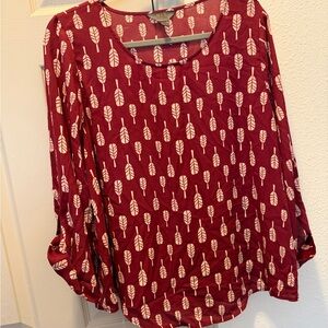 Maroon Leaf-Print Long Sleeve blouse